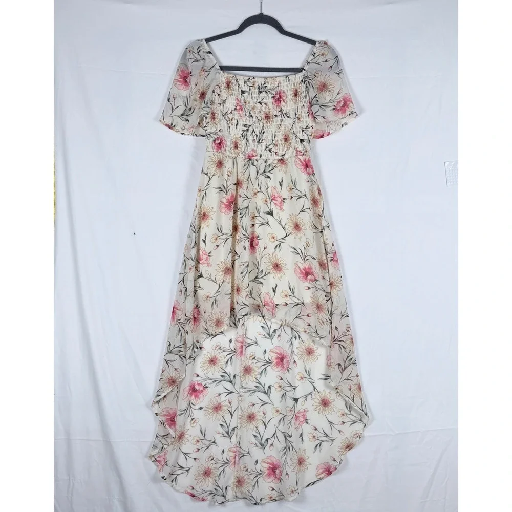 Lily Rose Floral Hi-Low Milkmaid Dress Smocked XS Cottagecore Fairy Coquette - Picture 2 of 12